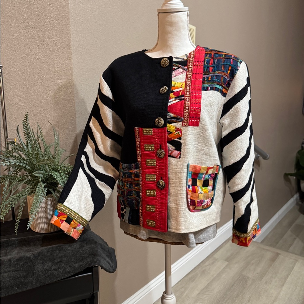Med Colorful Patchwork Button-Up Cardigan Sweater Bright Colors Parsley Sage Top